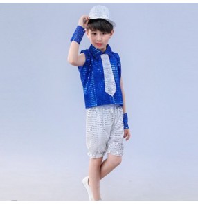 Boy jazz dance costumes kids children royal blue silver hiphop modern dance stage performance singers ds dj dancing tops and shorts