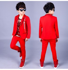 Boy jazz dance costumes red orange modern dance singer host stage party cosplay drummer performance chorus school competition coats and pants and vests