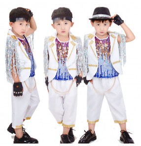 Boy jazz dance costumes white paillette children show party model stage performance drummer competition photos anime cosplay outfits dancewear