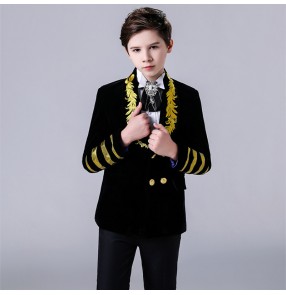 Boy jazz dance host singers chorus performance blazers England style wine royal blue velvet blazers coat for kids Flowers girls wedding party jacket for boy model show photos coat for kids