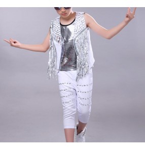 Boy jazz dance outfits black white red sequin modern dance hiphop singers host drummer show stage performance cotumes  