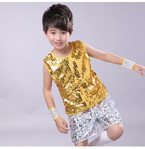 Boy jazz dance outfits gold sequin paillette modern dance street hiphop drummer performance competition tops and shorts