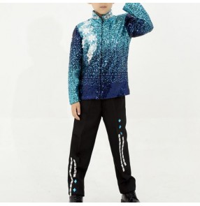 Boy jazz dance outfits modern dance street blue paillette singer chorus model show drummer stage performance t shirts jacket and pants