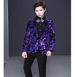 boy jazz dance performance purple sequin suit flower boy suit children piano performance dress coat handsome Korean boy catwalk model show host singers sequined blazers for kids