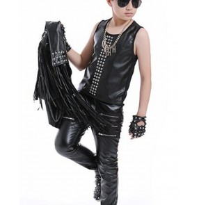 Boy jazz hiphop dance costumes Drum performance set host singers model show children costumes boys tide rivet tassel vest singing costume boys