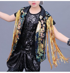 Boy jazz street hiphop dance costumes sequin fringes waistcoat kids children gold sequin drummer stage performance singers waistcoat