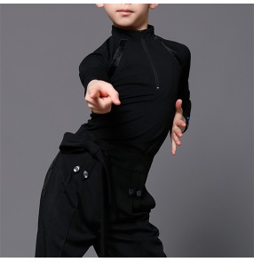 Boy kids black colored long sleeves competition latin ballroom dance shirts waltz tango modern latin dance tops for boy