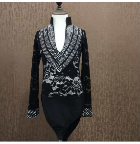 Boy kids black lace diamond competition latin dance shirts stage performance modern dance waltz tango ballroom dance body tops 