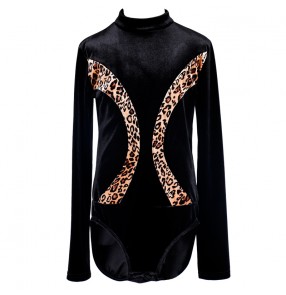 Boy kids black leopard velvet latin dance body shirts for children stage performance ballroom latin dance body tops for kids 