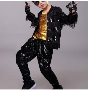 Boy kids black sequin hiphop jazz dance costumes street dance rap dummer model show performance jacket and pants