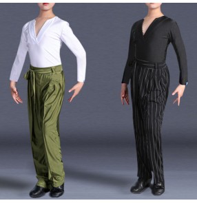 Boy kids black white ballroom latin dance shirts and pants set modern exercises practice competition white shirt and army green dance pants latin dance costumes for kids