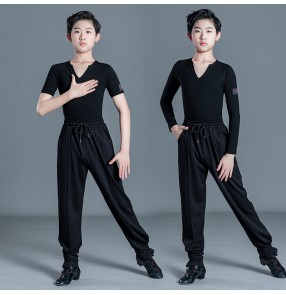 Boy kids black youth short long sleeves latin ballroom dance shirts and pants for juvenile kids children