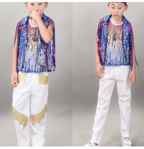 Boy kids blue sequin jazz dance costumes street hiphop model show drummer stage performance coat and pants and vests