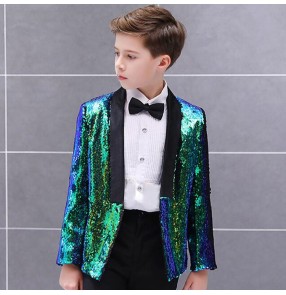 Boy kids children gold blue black sequin jazz singers coats modern dance model host stage performance blazers coats tops 