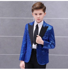 Boy kids jazz singers host stage performance sequin blazers red silver blue colored school show competition drummer model performance coats blazers