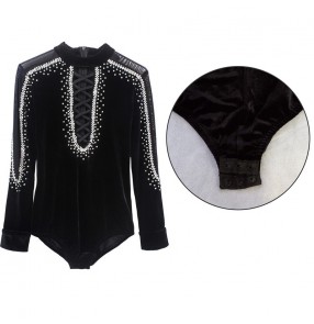 Boy kids juvenile black velvet rhinestones competition latin ballroom dance body shirts modern dance stage performance waltz tango dance body tops