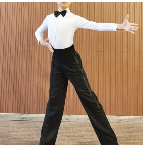 Boy kids Latin ballroom dance costumes white shirt and side ribbon black pants latin stage performance clothing regulations modern dance costumes for boy