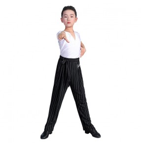 Boy kids latin dance shirts and striped pants modern dance school stage performance white tops and black striped harem pants for children