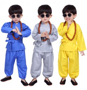 Boy kids Monk taichi kungfu martial cosplay costumes shaolin kungfu drama ancient stage performance costumes robes