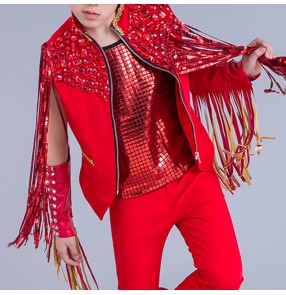 Boy kids red colored rhinestones leather fringes jazz street dance hip hop waistcoat drummer singers host model performance vest