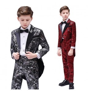 Boy kids red gold leopard  jazz dance costumes host singers recital model show performance costumes blazers shirt and pants