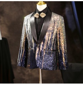 boy kids Silver blue sequined Dress suit drummer Sequin catwalk jazz dance blazers flower boys dress coats children piano host performance jackets for baby