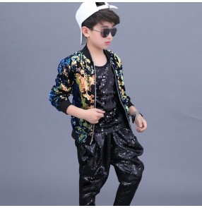 Boy kids street modern dance sequin costumes children school competition hiphop model drummer performance coat vest and harem pants