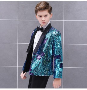 Boy kids turquoise sequin jazz dance blazers costumes kids children modern dance singers coats host stage performance blazers tops