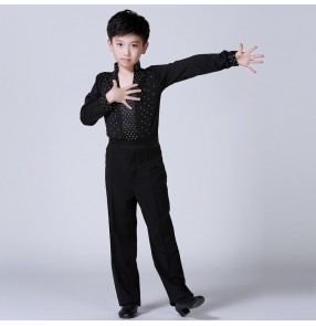 Boy kids white black rhinestones competition latin ballroom dance shirts and pants modern dance latin performance costumes for children
