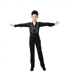 Boy latin dance tops and pants rhinestones black colored ballroom modern dance chacha salsa dance shirts and pants set costumes