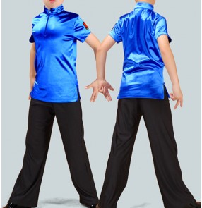 Boy latin dance tops shirts practice gymnasitcs wide leg pants kids children salsa rumba chacha dance tops and trousers