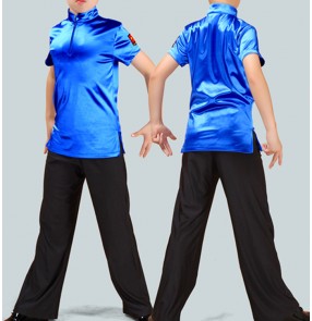 Boy latin dance tops shirts practice gymnasitcs wide leg pants kids children salsa rumba chacha dance tops and trousers