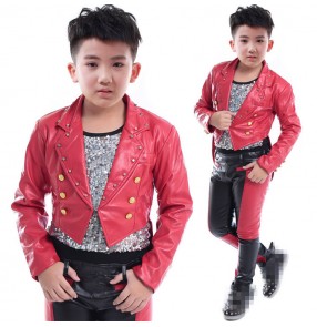 Boy leather black with red jazz dance costumes hiphop singers host drummer piano stage performance tuxedo top and pants