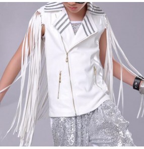 Boy leather jazz dance fringes waistcoats kids children hiphop street dance stage performance waistcoats