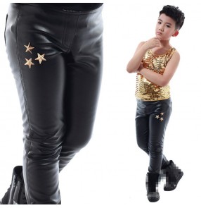 Boy leather jazz dance pants for kids white black tight stage performance fashion singers dancers professional long trousers