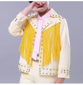 Boy light yellow leather rivet jazz dance jackets kids singers host jackets modern dance drummer show model performance short coats