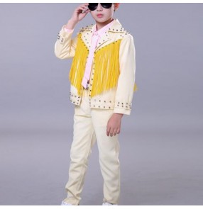 Boy light yellow rivet street jazz dance costumes gogo dancers drummer model singers show performance outfits coat shirt and pants