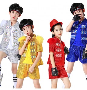 Boy modern dance jazz dance costumes silver sequins model show hiphop drummer stage performance costumes