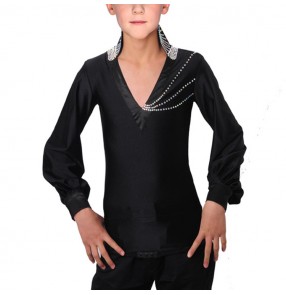 Boy modern dance latin ballroom dance shirts black colored kids children stones stage performance rumba salsa chacha dance tops shirts