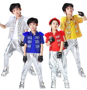 Boy modern dance sequins gold blue silver jazz dance costumes hiphop drummer model show stage performance outfits costumes