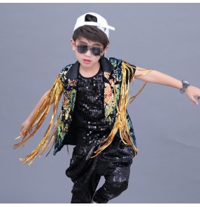 Boy modern dance street hiphop dance costumes kids children gold sequin drummer show performance vest and coat and pants outfits