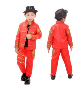 Boy modern  jazz dance costumes red colored with gold street singers host drummer chorus drummer stage performance coat and pants and vest