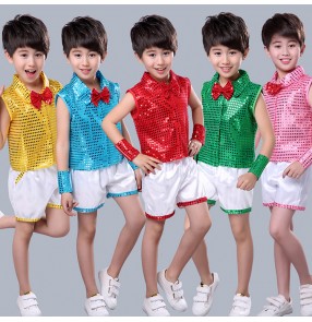 Boy modern jazz dance costumes sequin outfits singers host stage kindergarten show performance dance tops and shorts