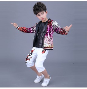 Boy modern jazz street dance costumes kids children drummer show stage performance hiphop robot dance jacket vest and pants