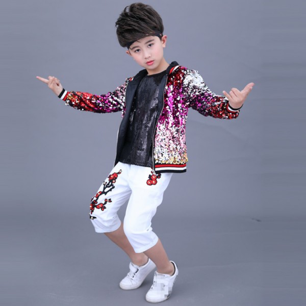 Boy modern jazz street dance costumes kids children drummer show stage performance hiphop robot dance jacket vest and pants