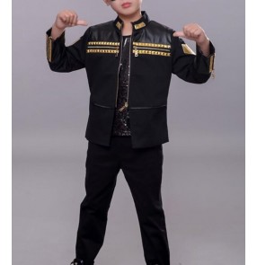 Boy pu leather jazz dance costumes street dance hiphop singers outfits drummer model stage performance show tops and pants