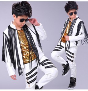 Boy pu leather jazz dance costumes  street hiphop dance outfits drummer model show performance jacket and pants