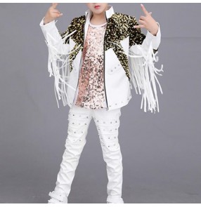 Boy pu leather sequin jazz street hiphop dance costumes host singers model gogo dancers drummer stage performance jacket and pants and vest