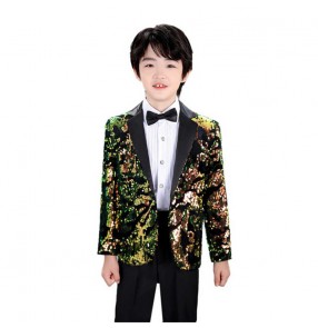 Boy purple yellow sequined jazz dance singers host performance blazers pianist stage performance coats model show glitter velvet paillette jackets for kids