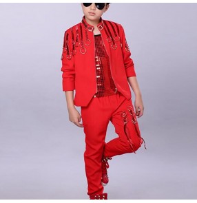 Boy red colored jazz dance costumes hiphop street dance outfits gogo dancers singer host drummer model show performance tops and pants